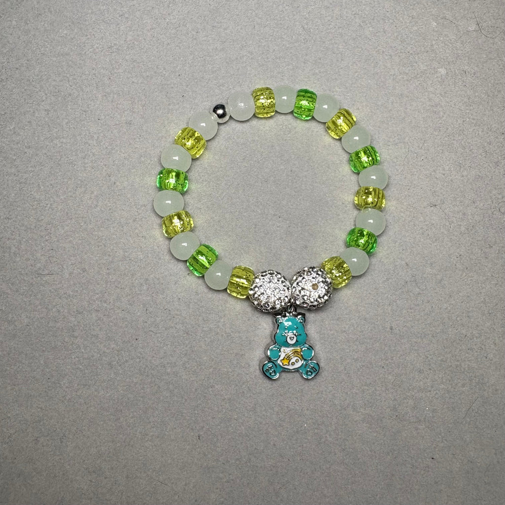 White Frosty Beads | Green & Yellow Pony Bead | Bear Charm Bracelet Charms By Prince™