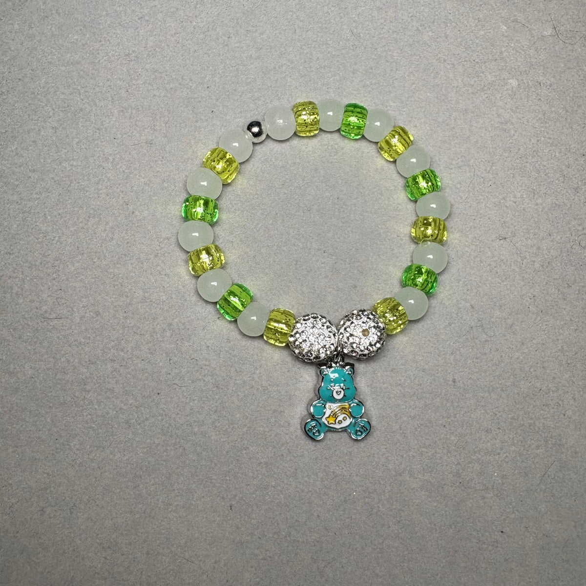 White Frosty Beads | Green & Yellow Pony Bead | Bear Charm Bracelet Charms By Prince™