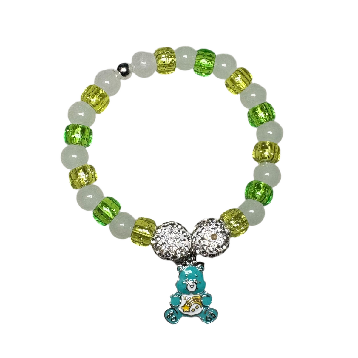 White Frosty Beads | Green & Yellow Pony Bead | Bear Charm Bracelet Charms By Prince™