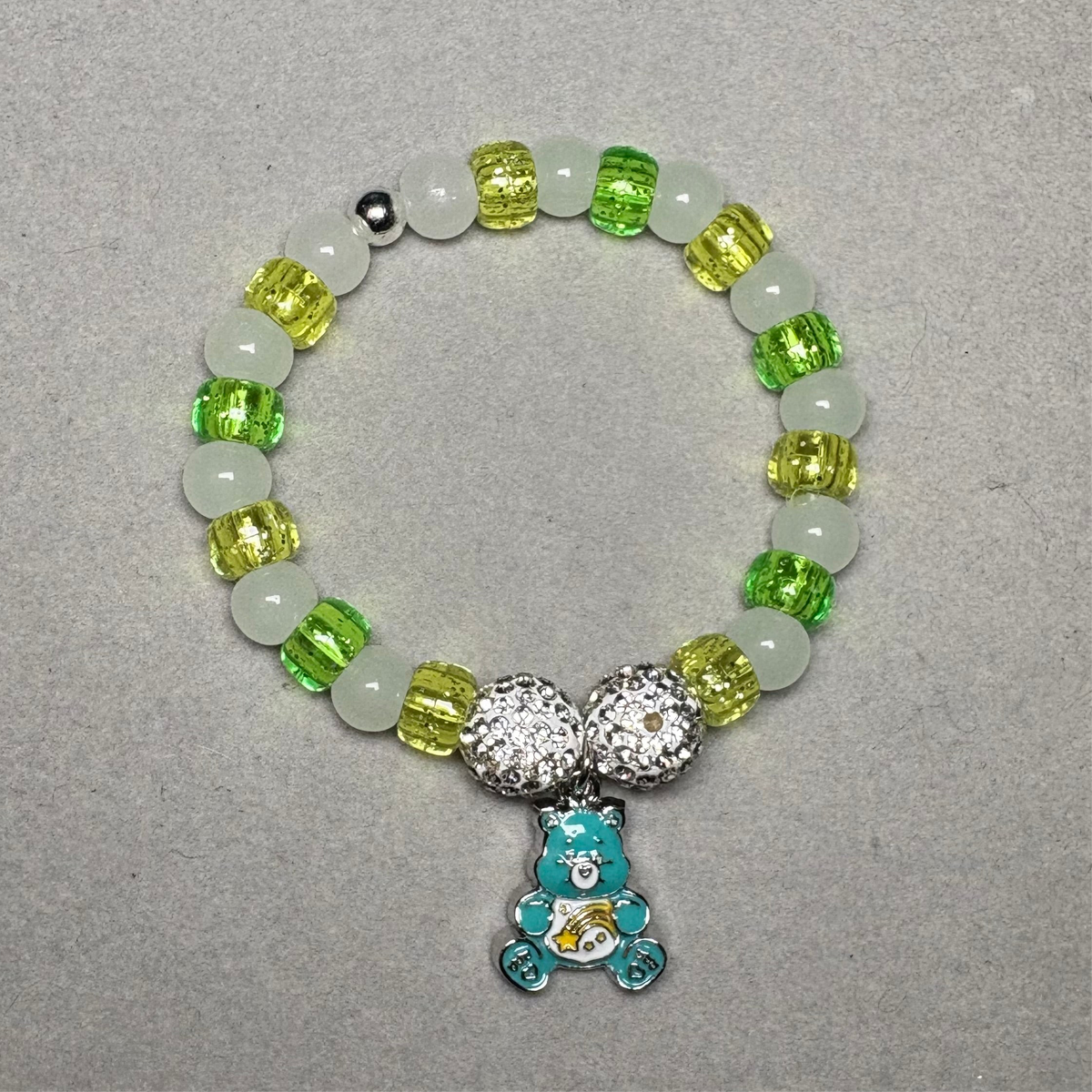 White Frosty Beads | Green & Yellow Pony Bead | Bear Charm Bracelet Charms By Prince™