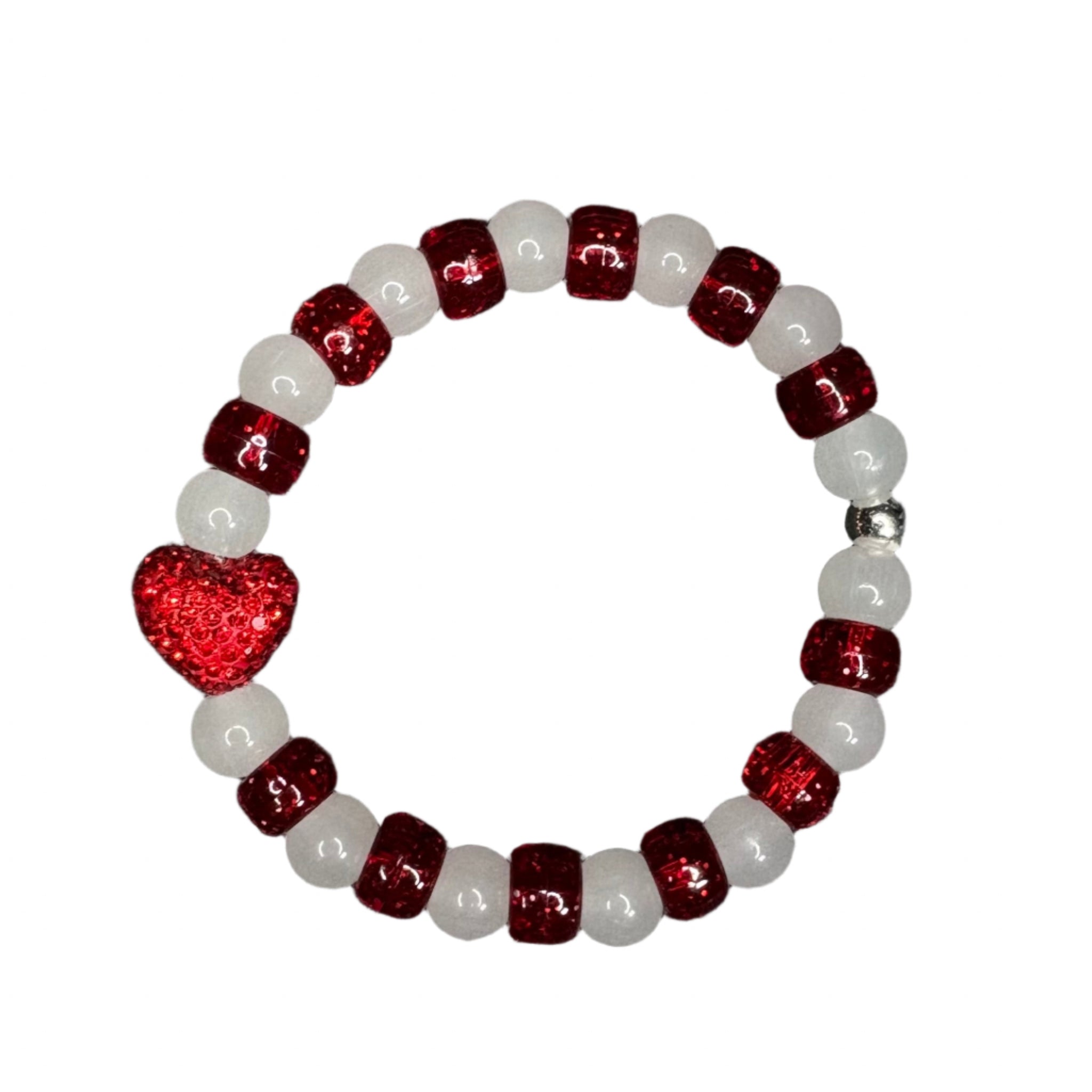 Red Pony Bead And White Frosty Bead Bracelet With Bling Heart Charm