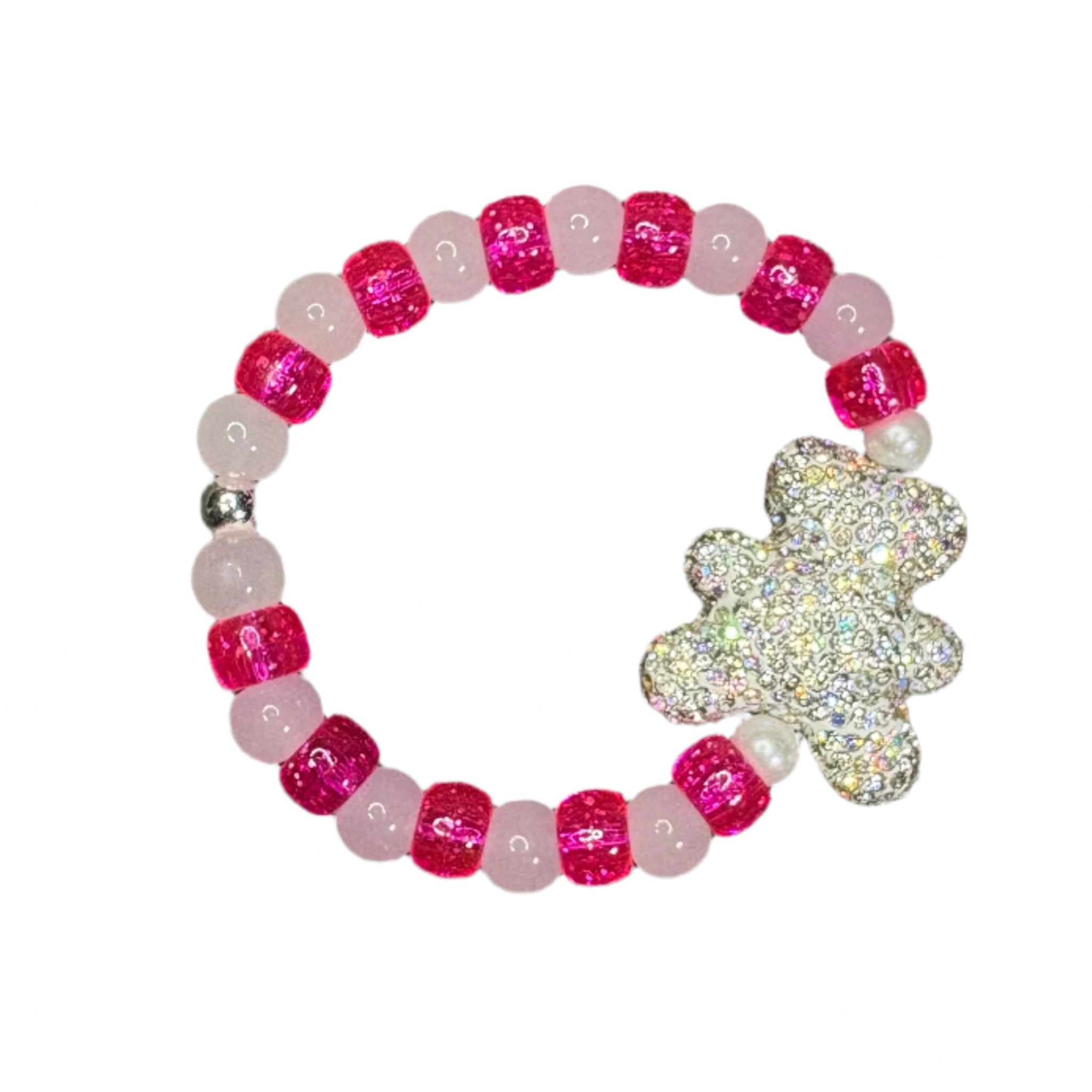 Pink | White | Bling Teddy Bear | Frosty Bead Bracelet