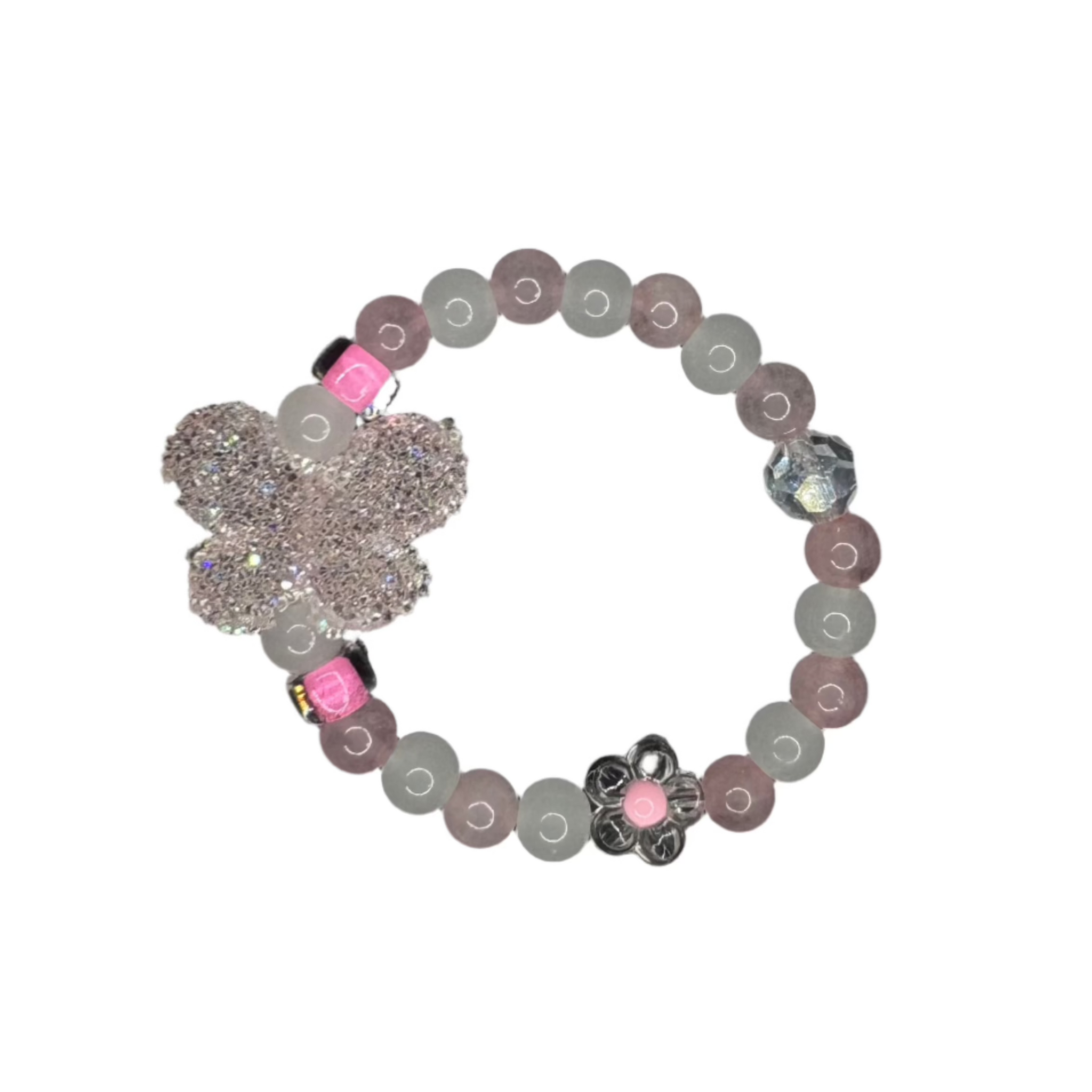 Rose Quartz Beads | White Frosty Beads | Pink Pony Bead Bracelet with Gummy Butterfly (Copy) Charms By Prince™